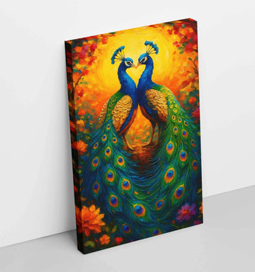 Twin Peacock Painting For Wall Vastu | HD Canvas Art With Colorful Feathers & Sunset Background | Dancing Peacock Painting | Framed & Custom Size