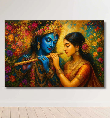 Radha Krishna Wall Painting | Romantic Radha Krishna Painting with Floral Background and Flute | Modern Art Radha Krishna Painting for Home Decor