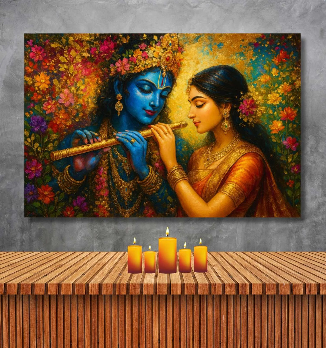 Radha Krishna Wall Painting | Romantic Radha Krishna Painting with Floral Background and Flute | Modern Art Radha Krishna Painting for Home Decor