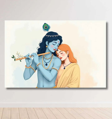 Radha Krishna Wall Painting | Romantic Radha Krishna Painting with Flute & Yellow Saree | HD Modern Art on Canvas for Home Decor