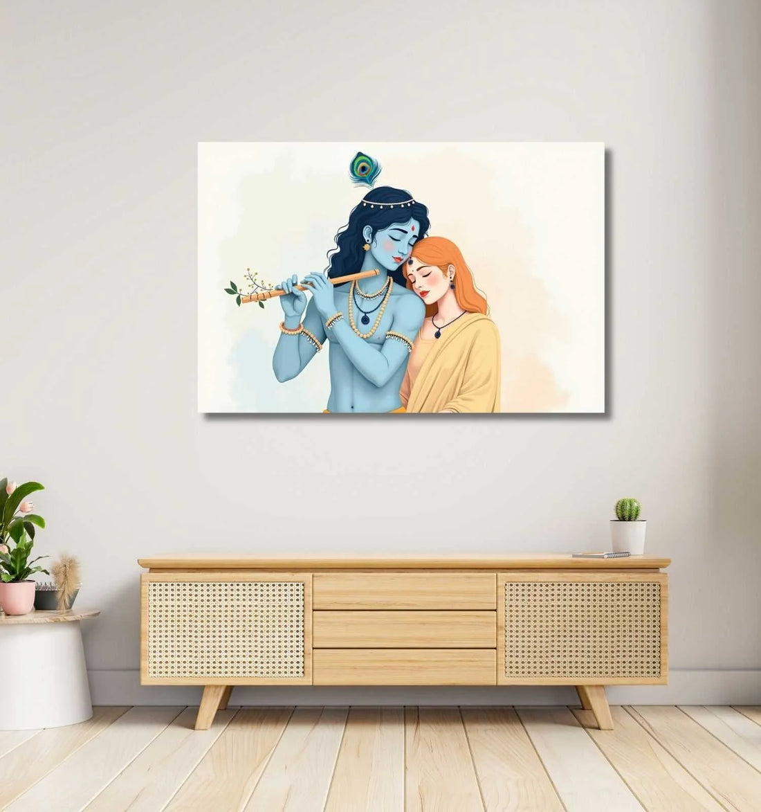 Radha Krishna Wall Painting | Romantic Radha Krishna Painting with Flute & Yellow Saree | HD Modern Art on Canvas for Home Decor