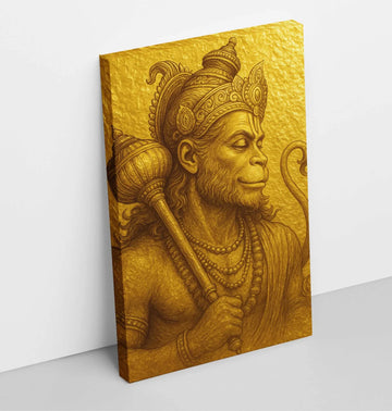 Hanuman Painting For Wall in Golden Royal Finish | Powerful Lord Hanuman Canvas Painting with Mace | Hanuman Oil Painting in Shining Yellow Tone