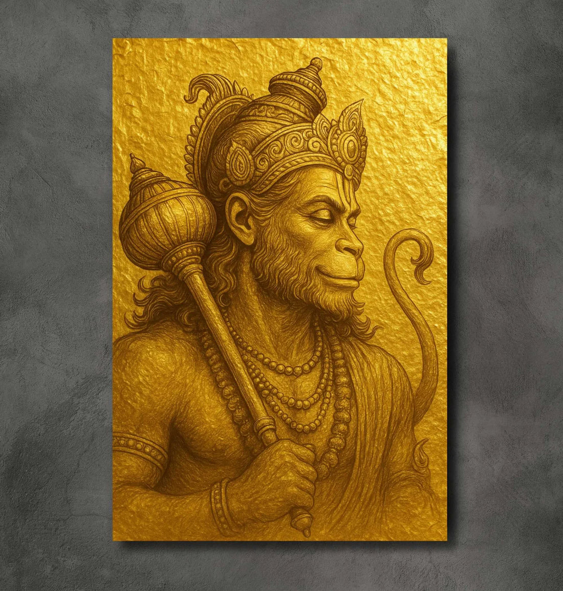 Hanuman Painting For Wall in Golden Royal Finish | Powerful Lord Hanuman Canvas Painting with Mace | Hanuman Oil Painting in Shining Yellow Tone