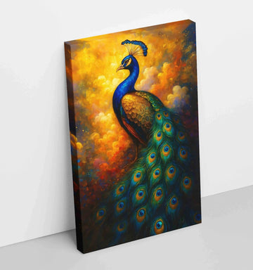 Royal Peacock Painting For Wall Vastu | Golden Sunset Background With HD Canvas | Dancing Peacock Canvas Painting For Home, Office & Gift Decor