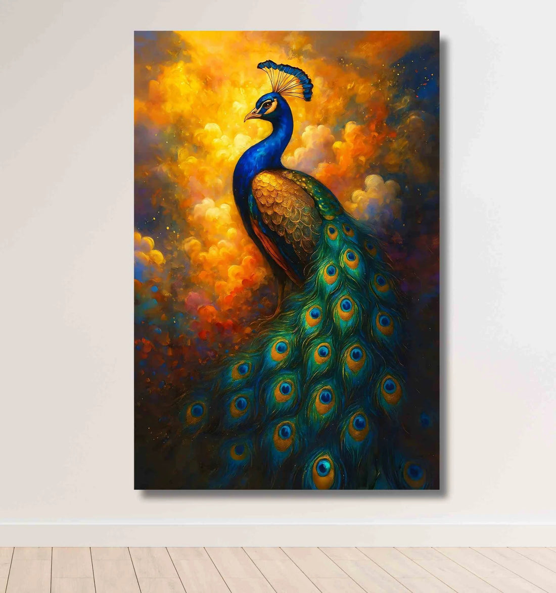 Royal Peacock Painting For Wall Vastu | Golden Sunset Background With HD Canvas | Dancing Peacock Canvas Painting For Home, Office & Gift Decor