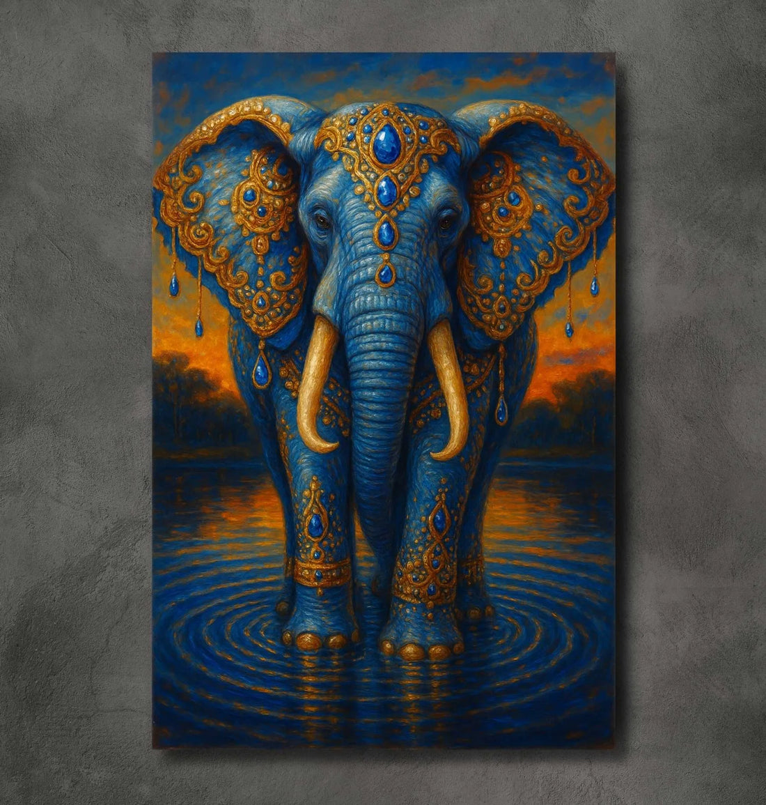 Elephant Painting Vastu | Royal Blue & Golden Colorful Elephant Canvas with Sunset Water Reflection | KunjCart Abstract Wall Art for Home & Office Decor
