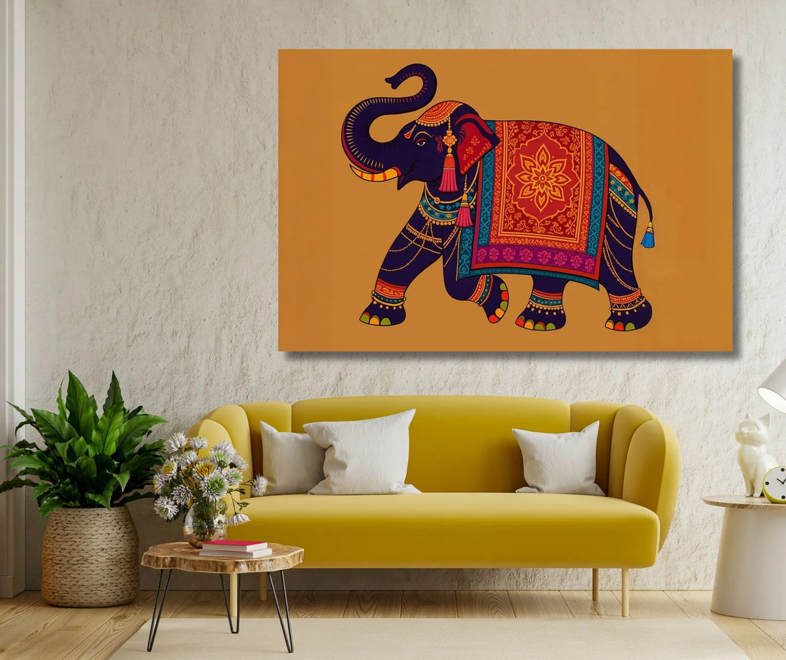 Kunj Cart – Elephant Painting For Vastu Sastra | Colorful Royal Elephant In Traditional Indian Art Style | Vibrant Decorative Elephant Painting For Home & Office