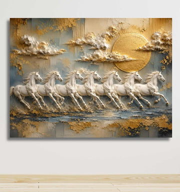 Running Horse Painting | 7 Horse Painting With Frame For Vastu, Blue Gold Wall Decor | KunjCart