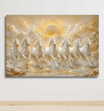Running Horse Painting | 7 Horse Painting With Frame For Vastu, Golden Sun Wall Decor | KunjCart