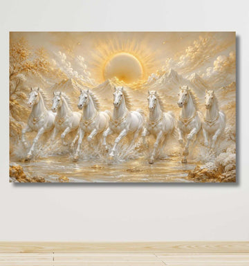 Running Horse Painting | 7 Horse Painting With Frame For Vastu, Golden Sunrise Wall Decor | KunjCart