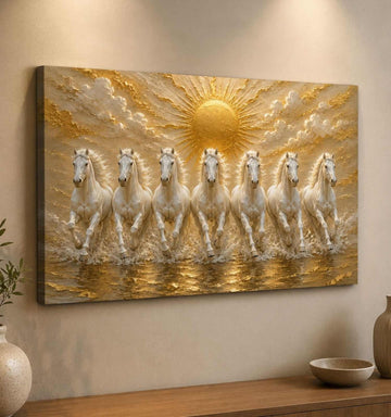 Running Horse Painting | 7 Horses Painting With Golden Sun, Canvas Wall Decor For Living | KunjCart