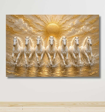 Running Horse Painting With Frame | 7 Horses Painting, Golden Sun Wall Decor Living Room | KunjCart