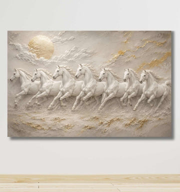 Running Horse Painting With Frame | 7 Horses Painting, White Horse Wall Art Gold | KunjCart