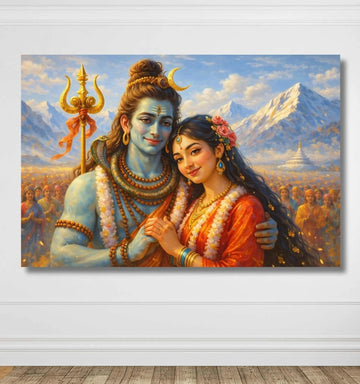 KunjCart – Modern Art Shiv Parvati Painting | Shiv Parvati Abstract Painting with Himalayan Background & Devotees, Spiritual Wall Art for Home & Office