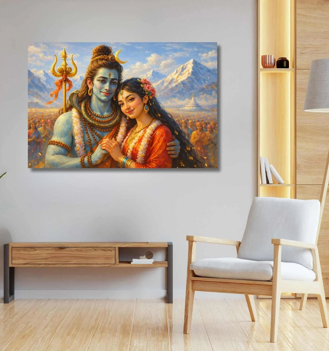 KunjCart – Modern Art Shiv Parvati Painting | Shiv Parvati Abstract Painting with Himalayan Background & Devotees, Spiritual Wall Art for Home & Office