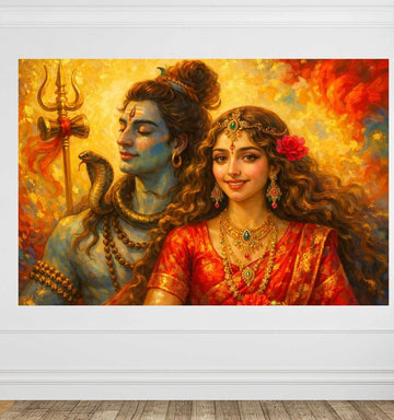 KUNJ CART – Shiv Parvati Painting | Modern Abstract Shiva Parvati Wall Art with Golden Aura for Home & Office Decor