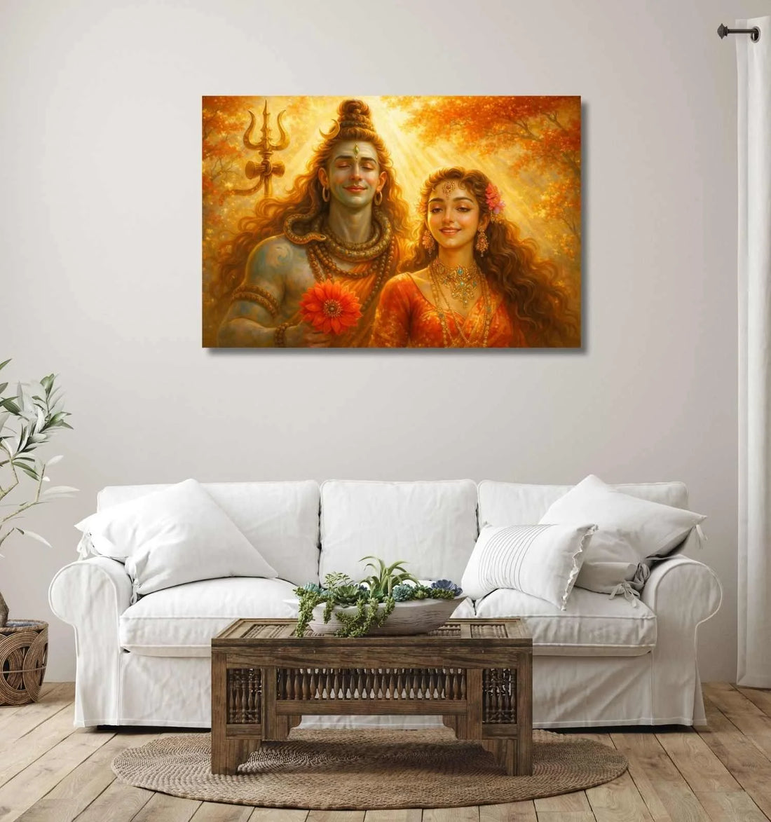 KUNJ CART – Shiv Parvati Painting on Canvas | Modern Art Shiv Parvati Abstract Painting with Golden Sunset & Bright Colors for Home Wall Décor