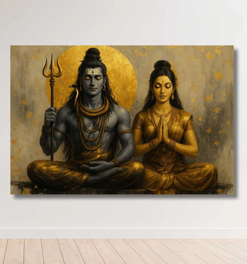 KUNJ CART – Beautiful Shiv Parvati Painting | Modern Art Shiv Parvati Abstract Painting with Golden Aura & Trishul