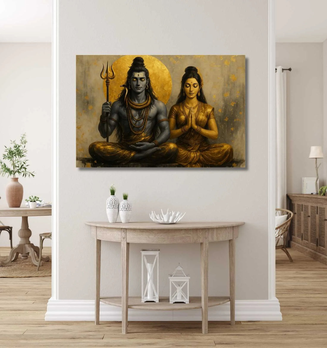KUNJ CART – Beautiful Shiv Parvati Painting | Modern Art Shiv Parvati Abstract Painting with Golden Aura & Trishul