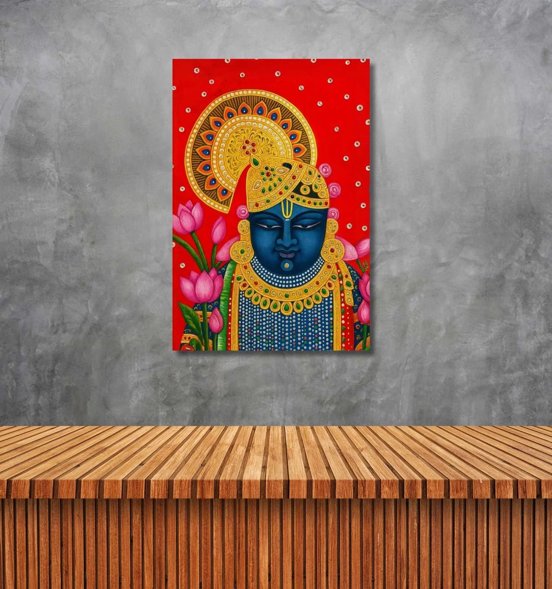 KUNJ CART – Shreenathji Face Painting on Canvas | Royal Divine Artwork with Golden Crown, Lotus Flowers & Red Background
