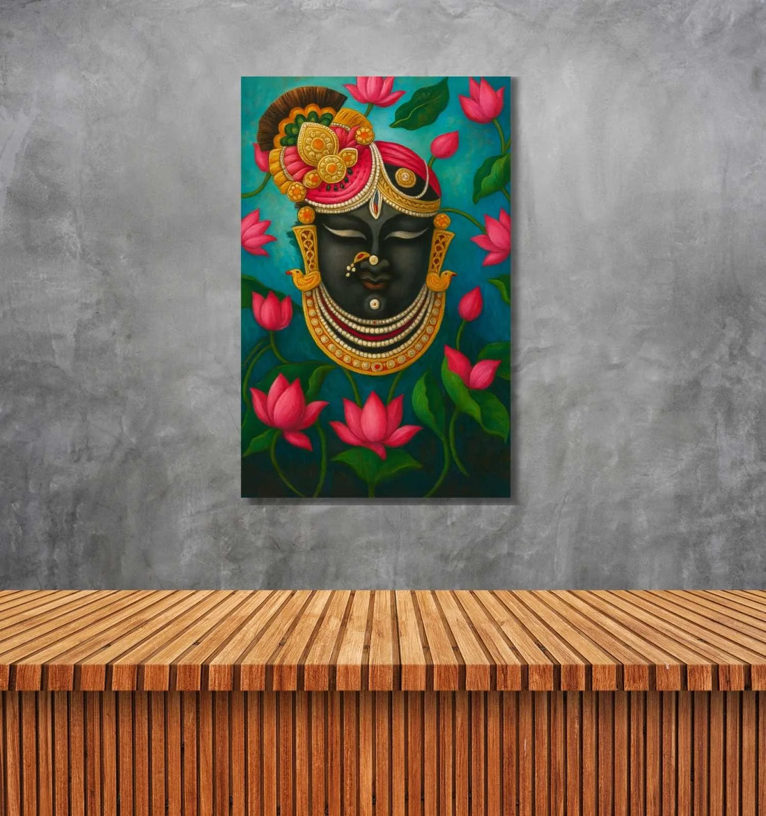 KUNJ CART – Shreenathji Canvas Painting | Vibrant Face Portrait with Lotus Flowers | Premium Shreenathji Painting