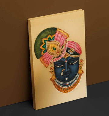 KUNJ CART- Shreenathji Painting on Canvas | Divine Face Portrait with Golden Jewelry & Pink Turban Shreenathji Face Painting
