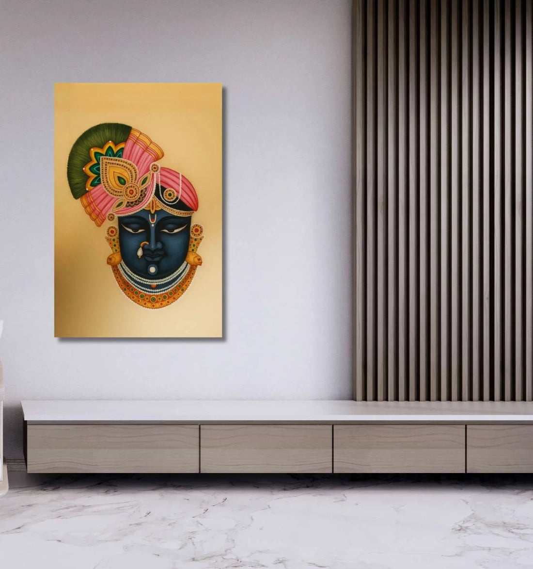 KUNJ CART- Shreenathji Painting on Canvas | Divine Face Portrait with Golden Jewelry & Pink Turban Shreenathji Face Painting