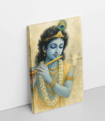 Beautiful Lord Krishna Painting with Flute and Cow on Soft Beige Canvas | Lord Krishna Canvas Painting for Bedroom by KunjCart | Framed Wall Art for Devotional Décor