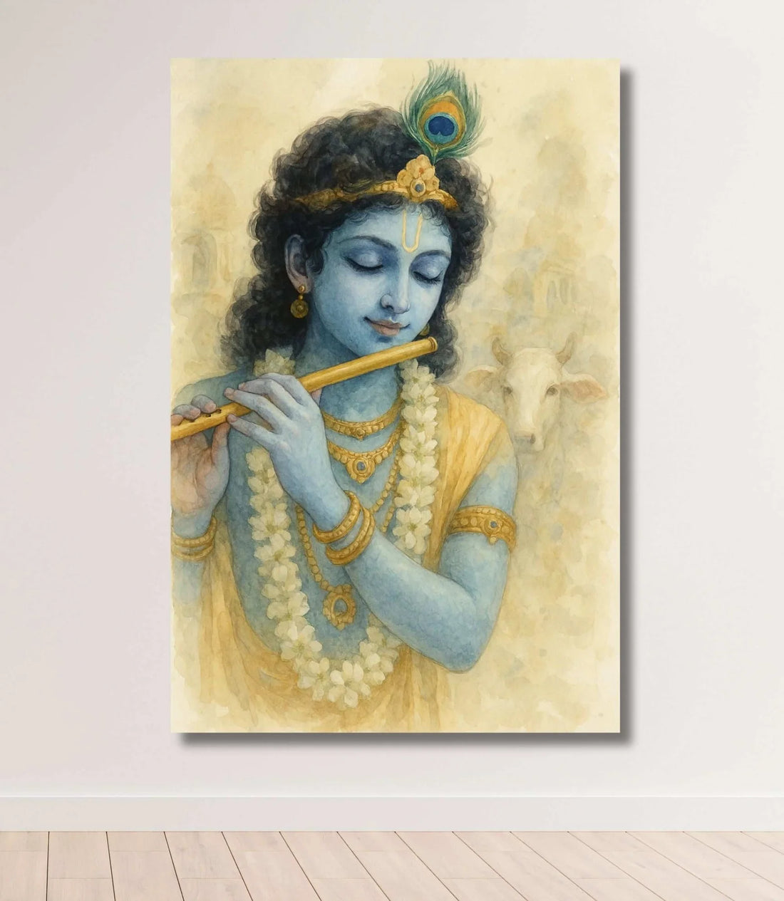 Beautiful Lord Krishna Painting with Flute and Cow on Soft Beige Canvas | Lord Krishna Canvas Painting for Bedroom by KunjCart | Framed Wall Art for Devotional Décor