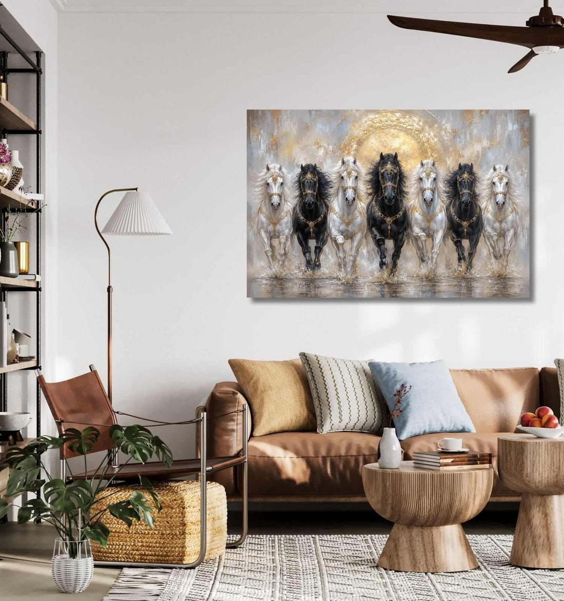 Horse Painting | 7 Horses Painting With Black & White Horses, Golden Aura Wall Decor – KunjCart