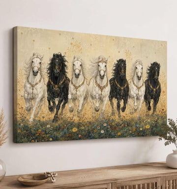 Running Horse Painting With Frame | 7 Horses Painting In Golden Floral Meadow – KunjCart