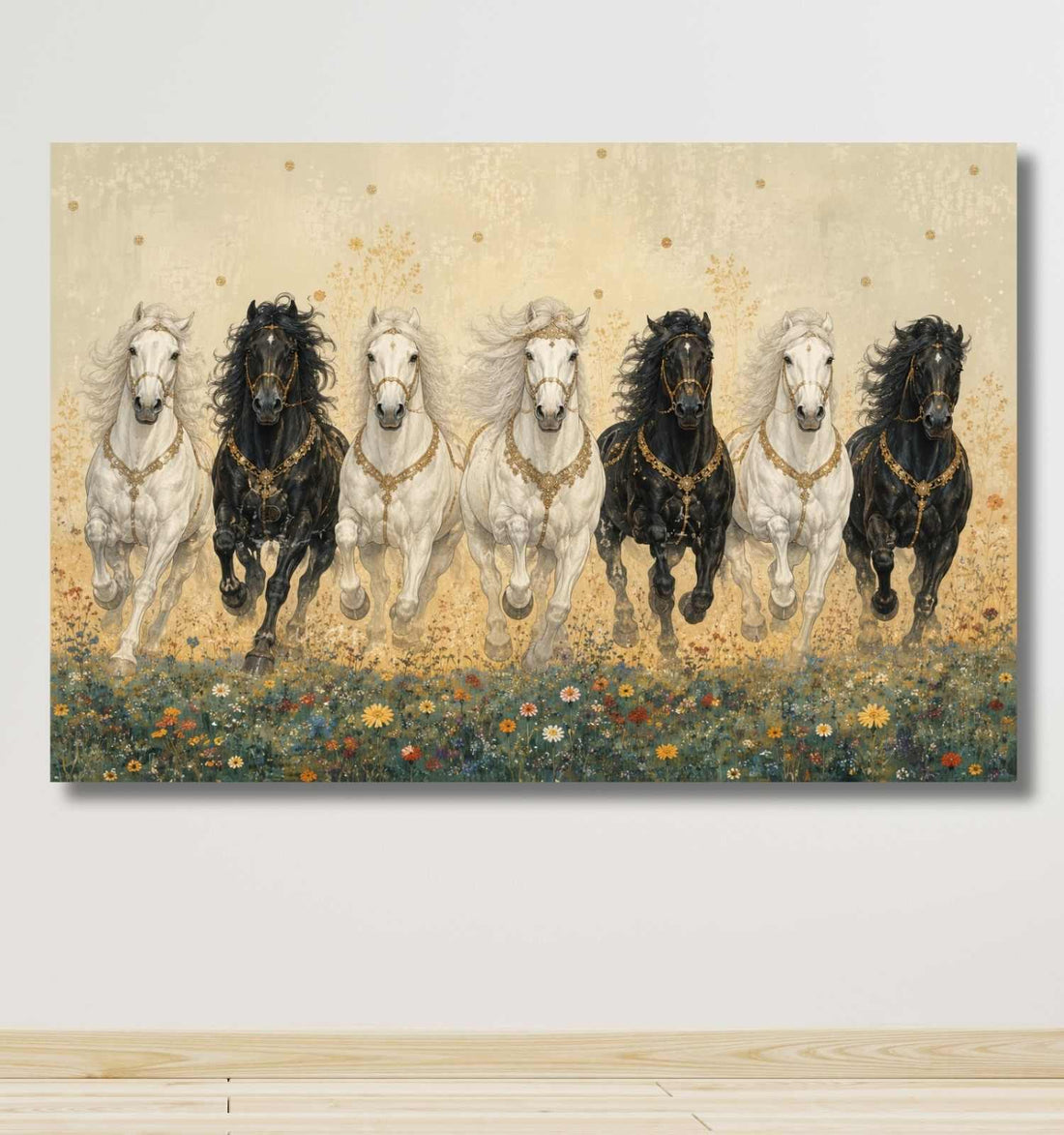 Running Horse Painting With Frame | 7 Horses Painting In Golden Floral Meadow – KunjCart