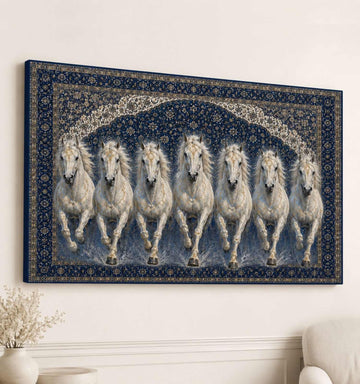 7 Horse Painting With Frame For Vastu | KunjCart Royal Blue Running Horse Painting Wall Decor
