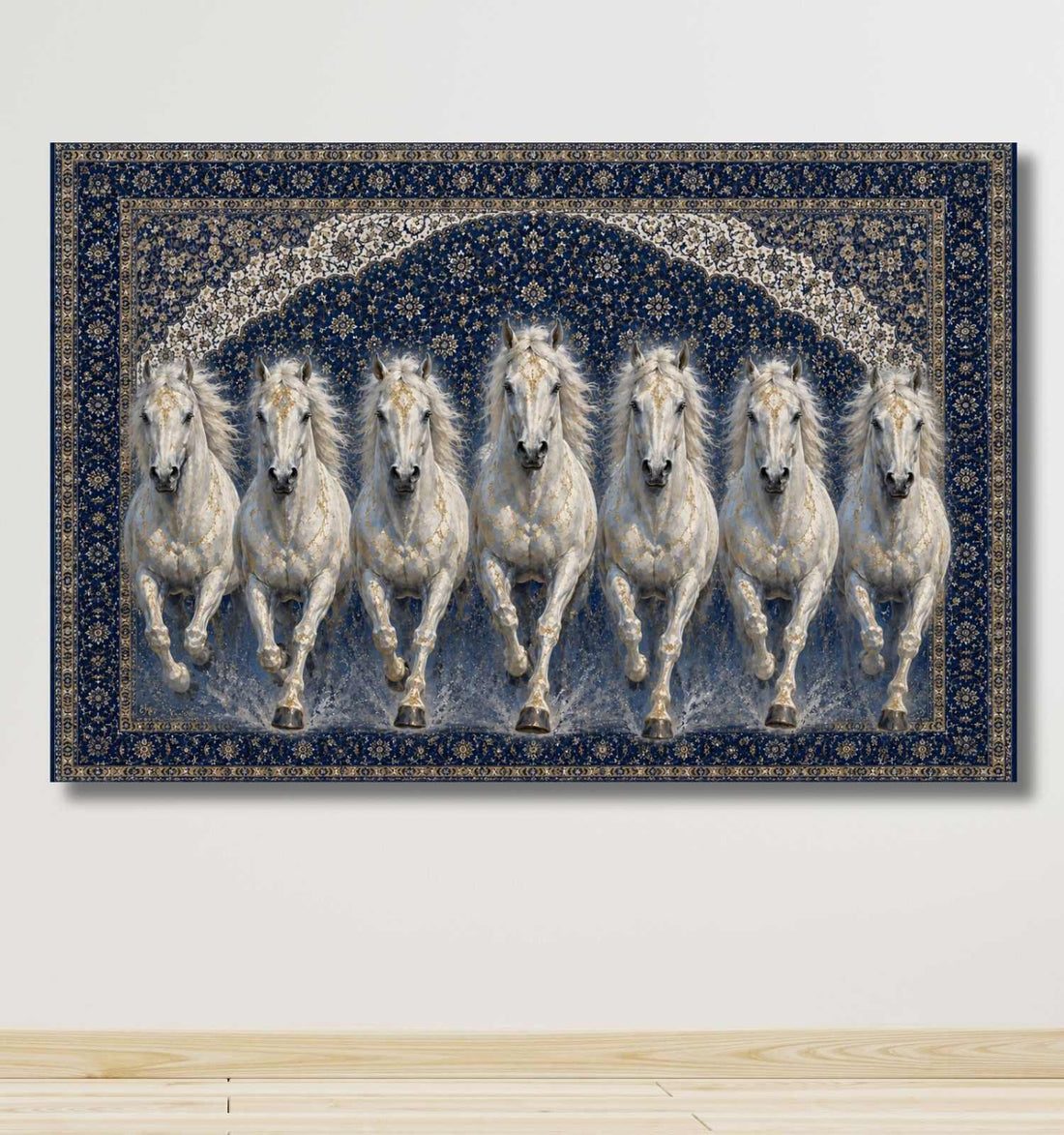 7 Horse Painting With Frame For Vastu | KunjCart Royal Blue Running Horse Painting Wall Decor