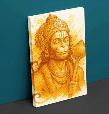 Hanuman Painting For Wall in Watercolor Style | Peaceful Lord Hanuman Canvas Painting in Golden Yellow Tones | Hanuman Oil Painting