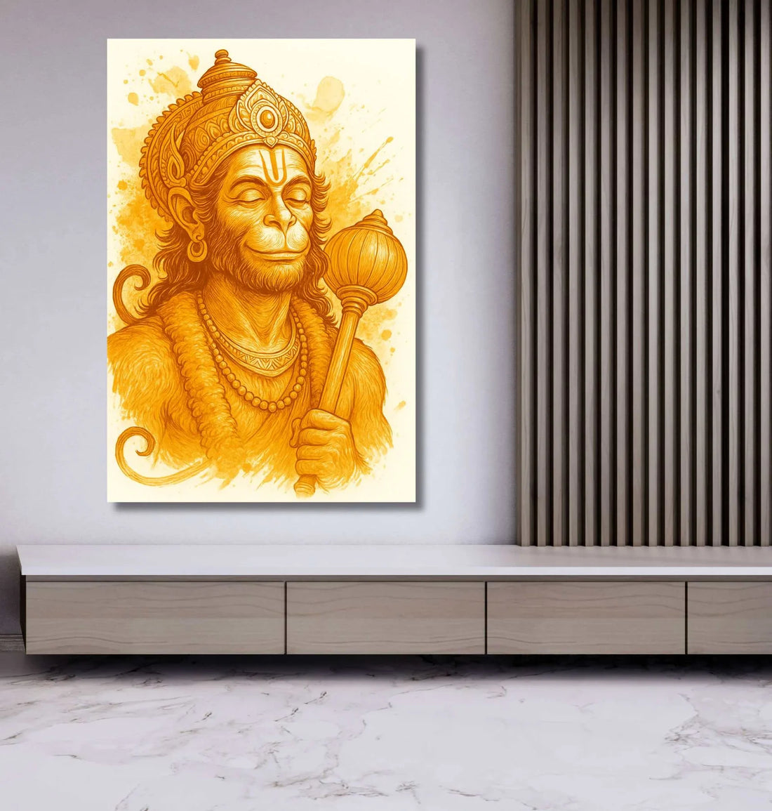 Hanuman Painting For Wall in Watercolor Style | Peaceful Lord Hanuman Canvas Painting in Golden Yellow Tones | Hanuman Oil Painting