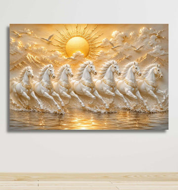 White Horse Painting | Running Horse Painting, Radiant Sun Mountain Canvas Wall Decor | KunjCart