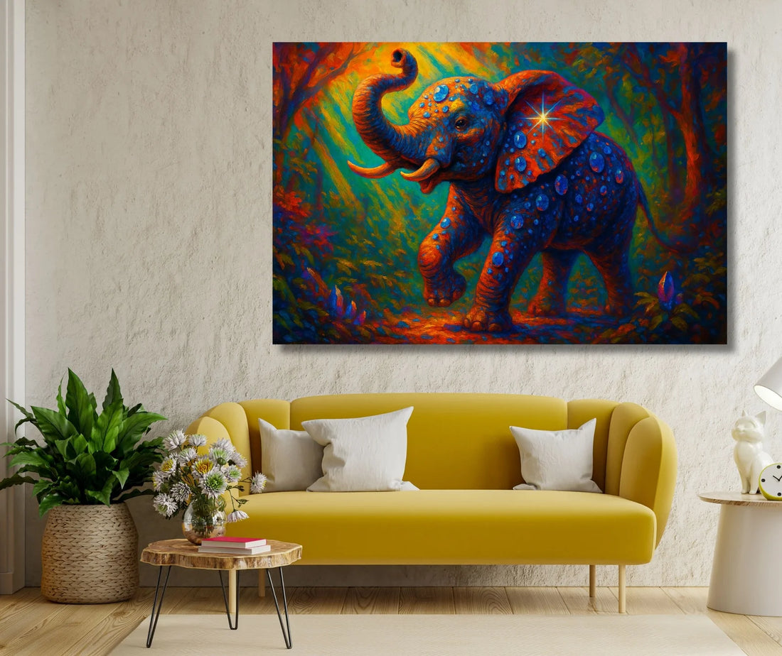 Kunj Cart – Canvas Painting of Elephant | Abstract Colorful Elephant Artwork with Shining Details, Royal Forest Scene, Vastu Wall Décor for Home & Office