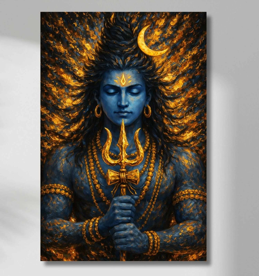 Mahadev Wall Painting for Home Decor | Abstract Lord Shiva Painting on Canvas with Crescent Moon & Trishul | Spiritual Art Poster