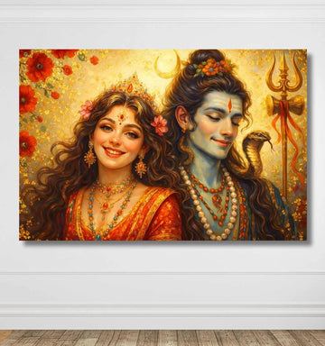KunjCart – Modern Art Shiv Parvati Painting | Shiv Parvati Abstract Painting with Golden Glow & Floral Aura, Divine Wall Décor of Lord Shiva and Parvati