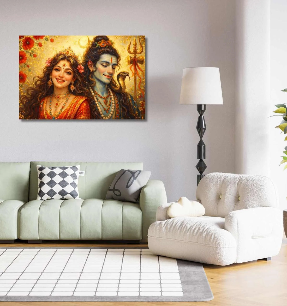 KunjCart – Modern Art Shiv Parvati Painting | Shiv Parvati Abstract Painting with Golden Glow & Floral Aura, Divine Wall Décor of Lord Shiva and Parvati