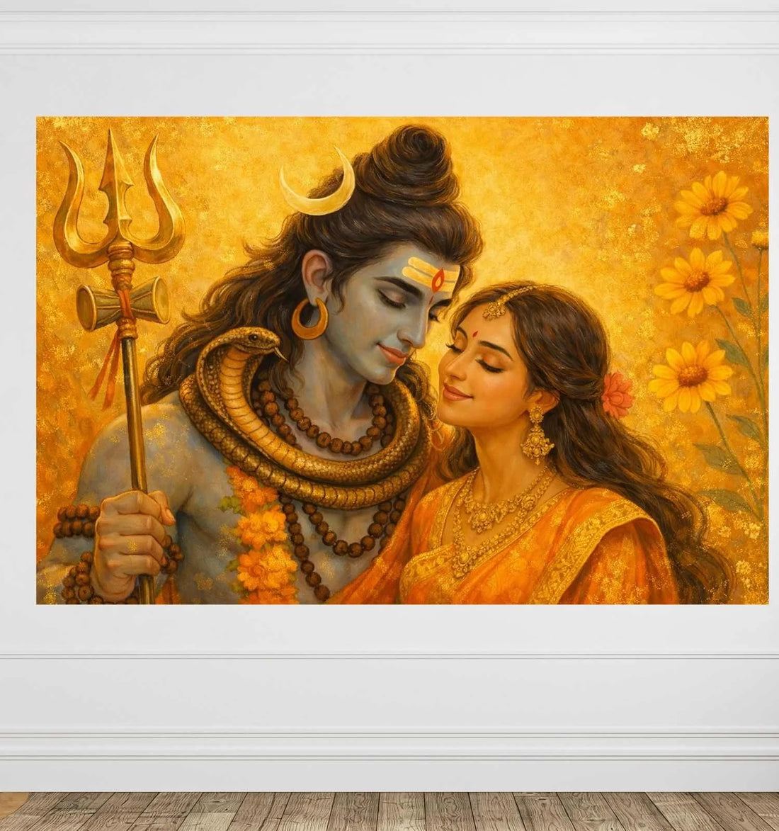 KUNJ CART – Shiv Parvati Painting | Modern Abstract Shiva Parvati Wall Art with Golden Aura & Flowers for Home & Office Decor