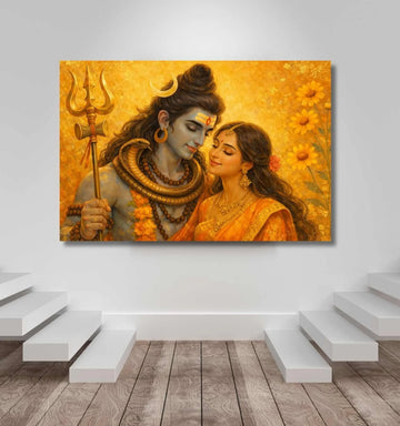 KUNJ CART – Shiv Parvati Painting | Modern Abstract Shiva Parvati Wall Art with Golden Aura & Flowers for Home & Office Decor