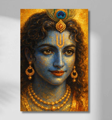 Modern Art Krishna Painting | Abstract Blue & Golden Face of Sri Krishna with Peacock Feather | HD Krishna Wall Painting on Canvas
