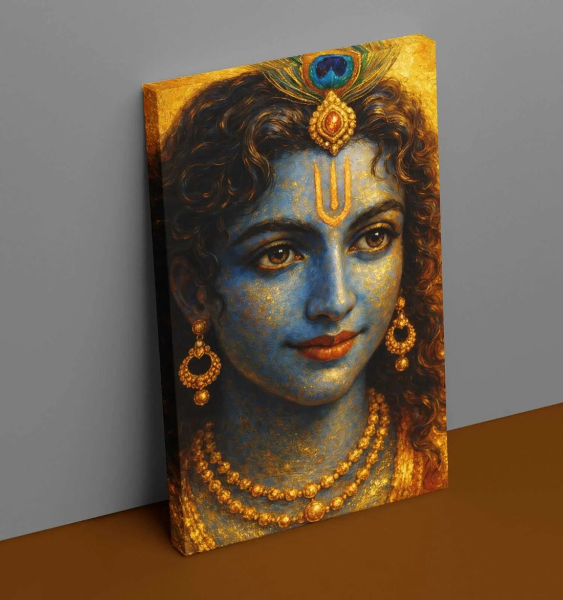 Modern Art Krishna Painting | Abstract Blue & Golden Face of Sri Krishna with Peacock Feather | HD Krishna Wall Painting on Canvas