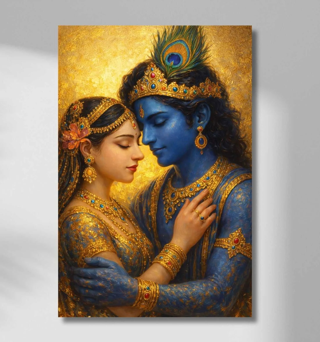 Romantic Radha Krishna Painting on Canvas | Divine Couple Embrace with Golden Background | Beautiful Radha Krishna Painting