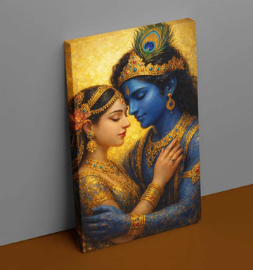 Romantic Radha Krishna Painting on Canvas | Divine Couple Embrace with Golden Background | Beautiful Radha Krishna Painting