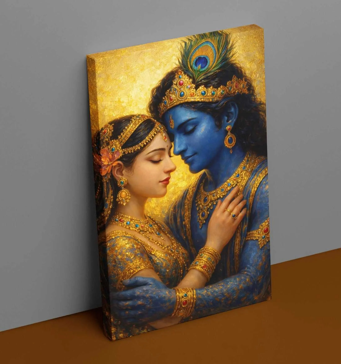 Romantic Radha Krishna Painting on Canvas | Divine Couple Embrace with Golden Background | Beautiful Radha Krishna Painting