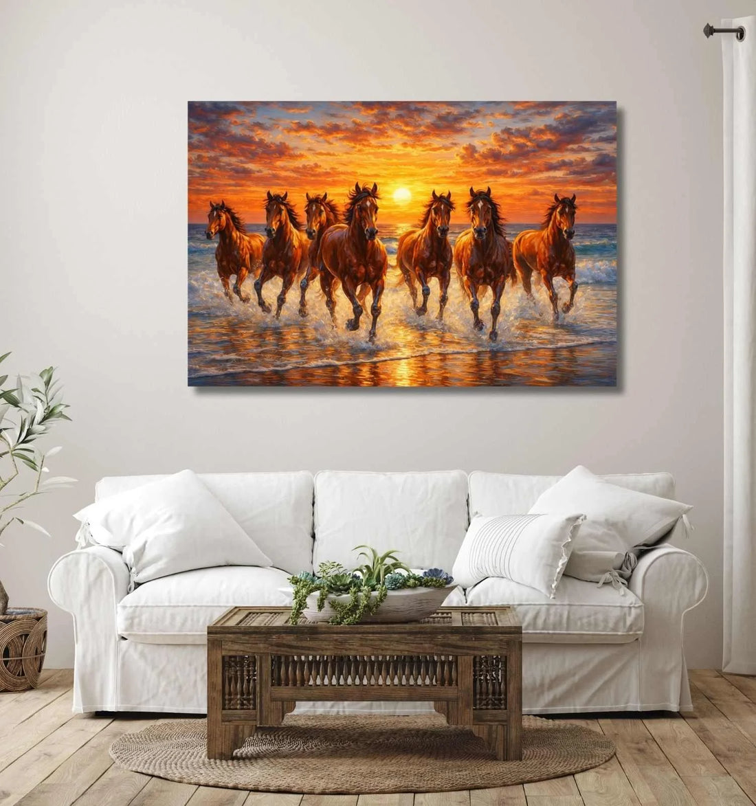 KunjCart Brown Running Horse Painting – Sunset Beach 7 Running Horses Painting with Golden Sky & Ocean Waves, 7 Horses Vastu Painting Canvas Wall Art