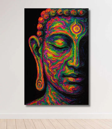 Multicolor Buddha Canvas Painting | Textured Face Art in Neon Shades | Modern Gautam Buddha Painting for Living Room Wall